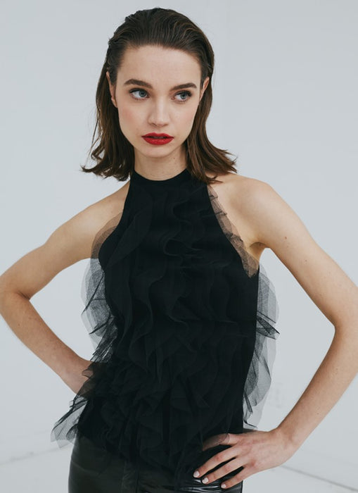 Autumn Cashmere Halter With Cascading Tulle Ruffles - Black