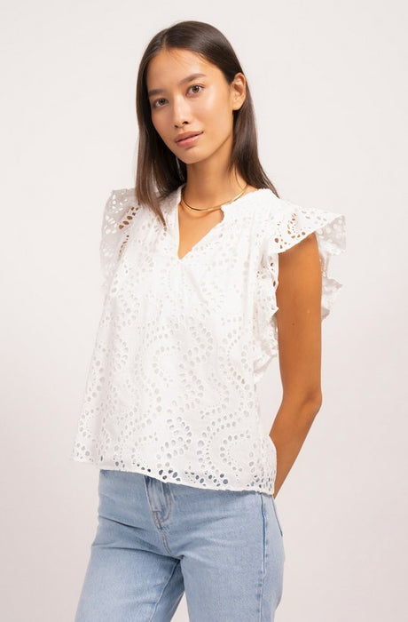 Central Park West Liam Eyelet Ruffle Top - White