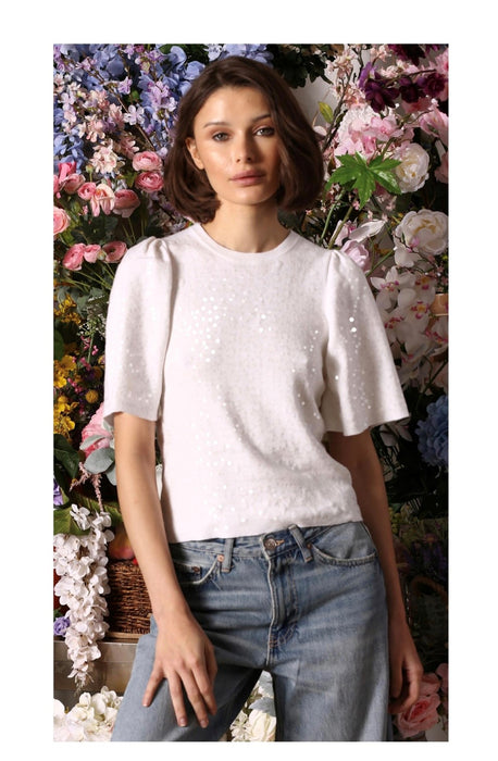 Minnie Rose Cotton Cashmere Sequin Short Sleeve Top - White