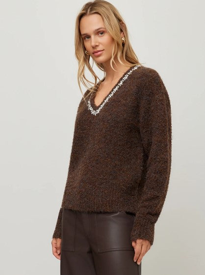 Fifteen Twenty Ash Embellished V Neck Sweater - Wood