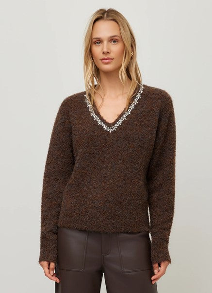 Fifteen Twenty Ash Embellished V Neck Sweater - Wood