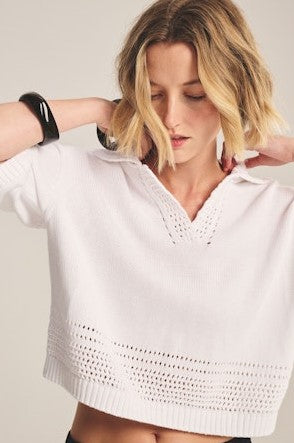 Velvet Winslow Cotton Short Sleeve Sweater - White