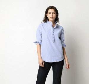 Ann Mashburn Frill Shirt - Blue Engal Stripe