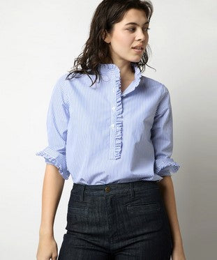 Ann Mashburn Frill Shirt - Blue Engal Stripe