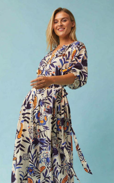 Ann Mashburn Pleated Wrap Midi skirt - Blue/Tangerine Floral