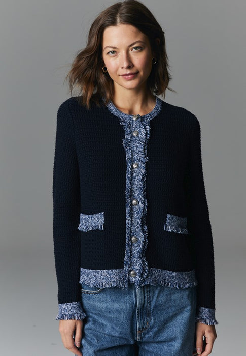 Autumn Cashmere Fringe Trim Cotton Sweater - Navy