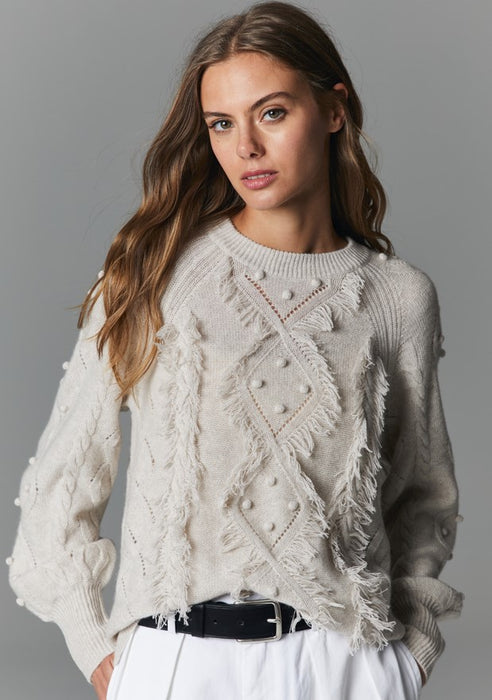Autumn Cashmere Fringed Cable Popcorn Crew Sweater - Mojave