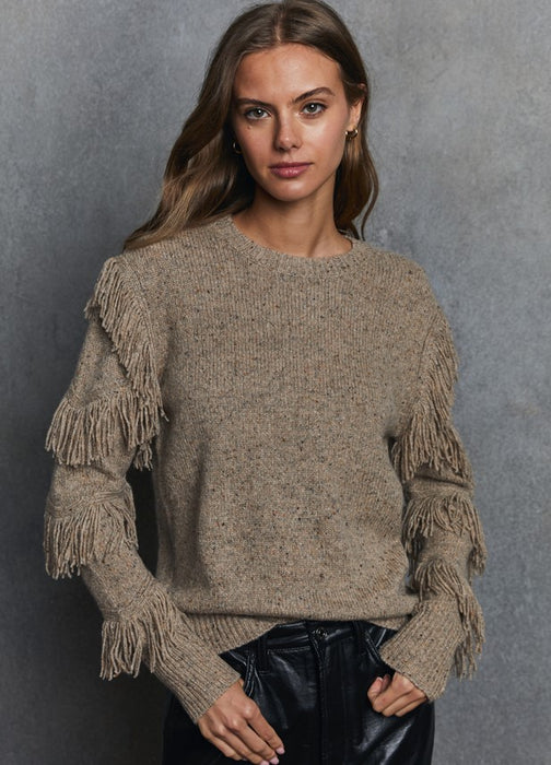Autumn Cashmere Fringe Sleeve Sweater - Gravel