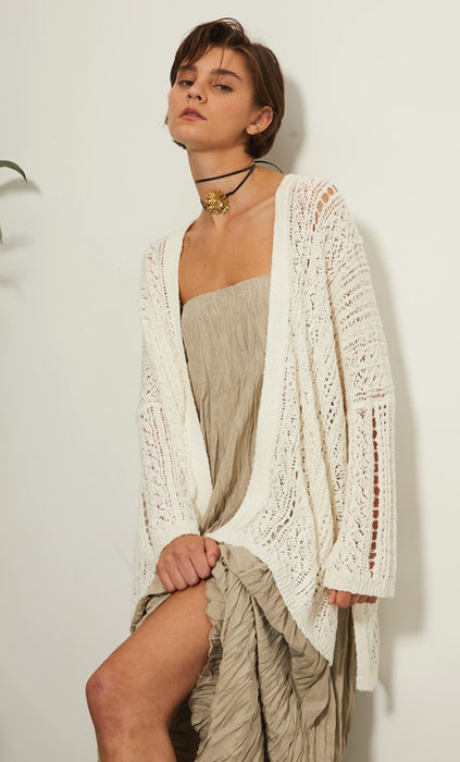 Autumn Cashmere Slubby Pointelle Cardigan - Starch