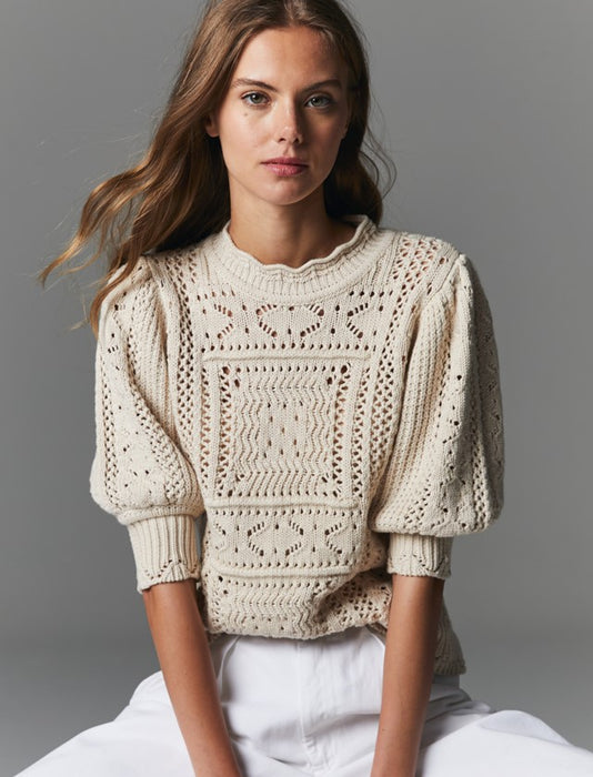 Autumn Cashmere Cotton Puff Sleeve Tile Knit Sweater - Natural