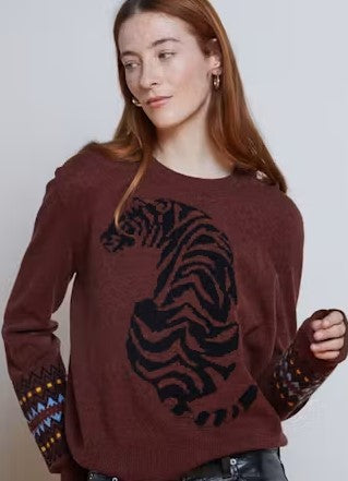 Autumn Cashmere Jacqard Tiger Crew - Rootbeer Combo