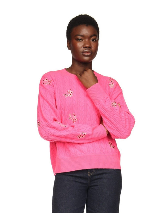 Brodie Cashmere Flower Cable Crew - Neon Pink
