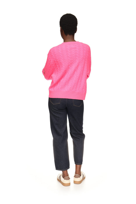 Brodie Cashmere Flower Cable Crew - Neon Pink