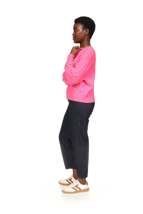 Brodie Cashmere Flower Cable Crew - Neon Pink