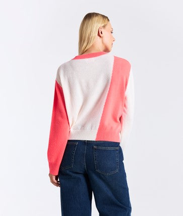 Brodie Cashmere Colorblock Crew - White/Flamingo