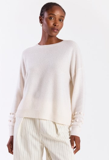 Brodie Cashmere Paula Pom Sleeve Sweater - Organic White