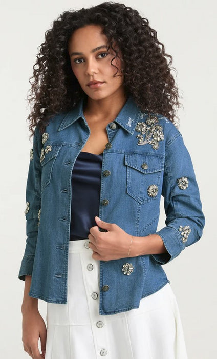 Cinq a Sept Crystal Ditsy Floral Denim Jacket - Light Wash