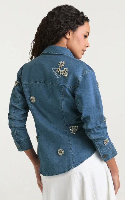 Cinq a Sept Crystal Ditsy Floral Denim Jacket - Light Wash
