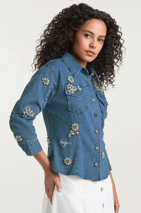 Cinq a Sept Crystal Ditsy Floral Denim Jacket - Light Wash