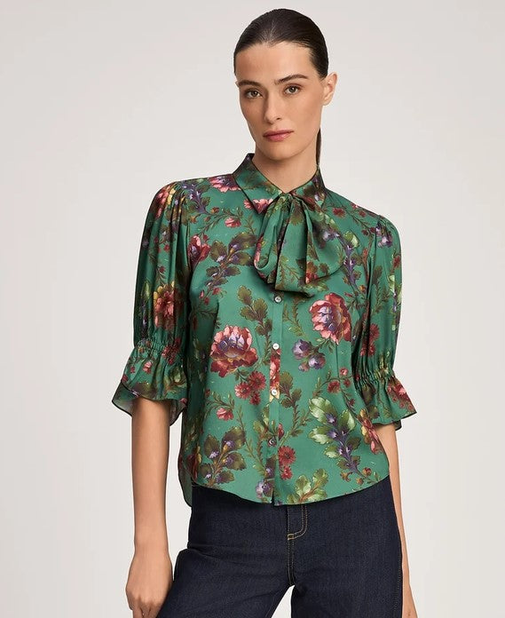 Cinq a Sept Fresco Floral Bow Fiona Top - Dark Ivy Multi