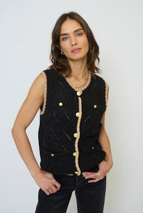 Central Park West Brooke Pointelle Cable Vest - Black Multi
