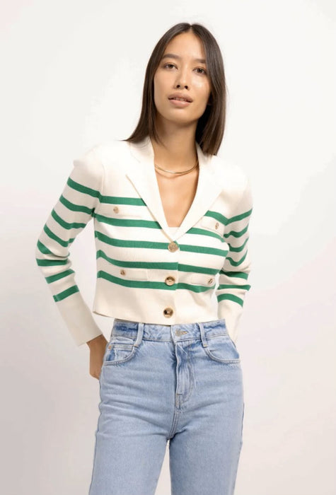 Central Park West Double Breasted Button Up cardigan - Ivory/Green