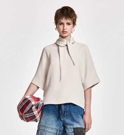 Essentiel Antwerp Kassie Tie Neck Top - Mushroom Mood
