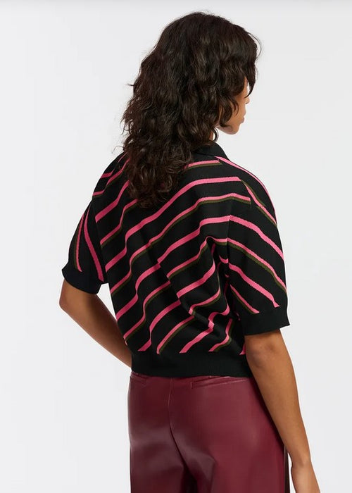 Essential Antwerp Polo Stripe Top - Black/Khaki/Neon Pink