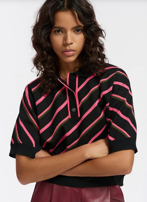 Essential Antwerp Polo Stripe Top - Black/Khaki/Neon Pink