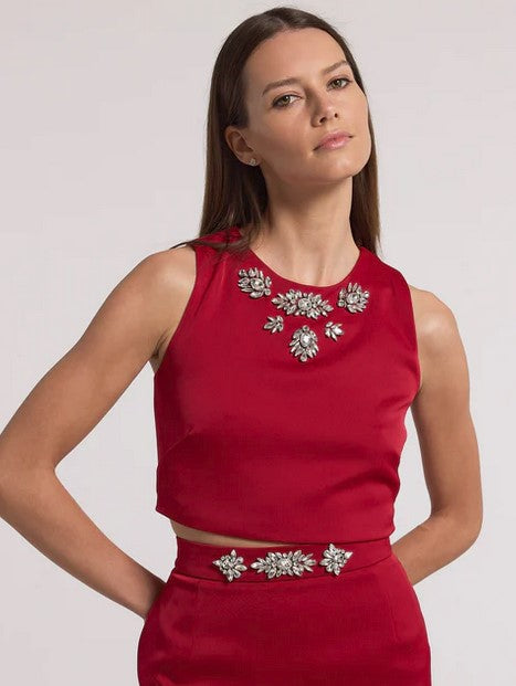 Generation Love Opal Crystal Embellished Satin Top - Ruby