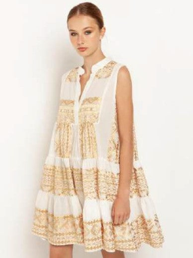 Greek Archaic Kori Sleeveless Dress - Ecru/Gold
