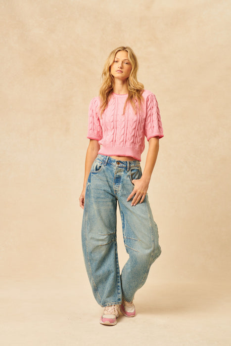 John + Jenn Cable Knit Short Sleeve - Cosmo PInk