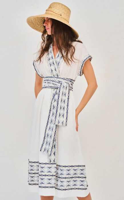 Lace Midi Wrap Dress- White/Navy