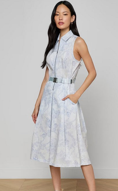 L'Agence  Kylo Belted Shirt Dress - Blue Mist Lace Print