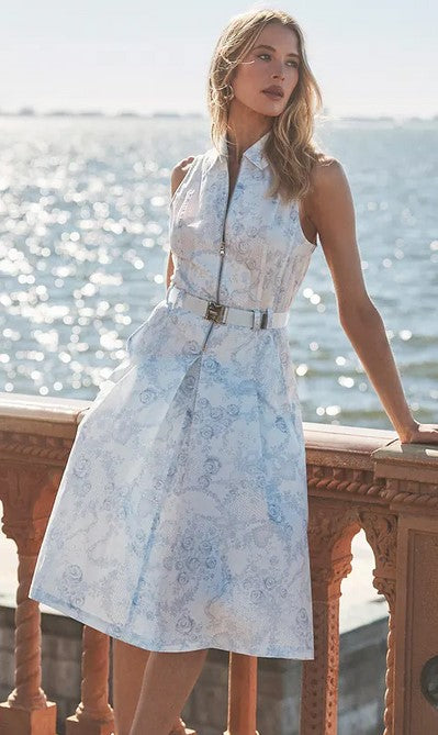 L'Agence  Kylo Belted Shirt Dress - Blue Mist Lace Print