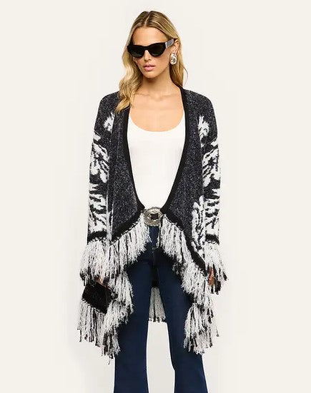 L'Agence Naiad Fringe Sweater Jacket - Black/Ivory