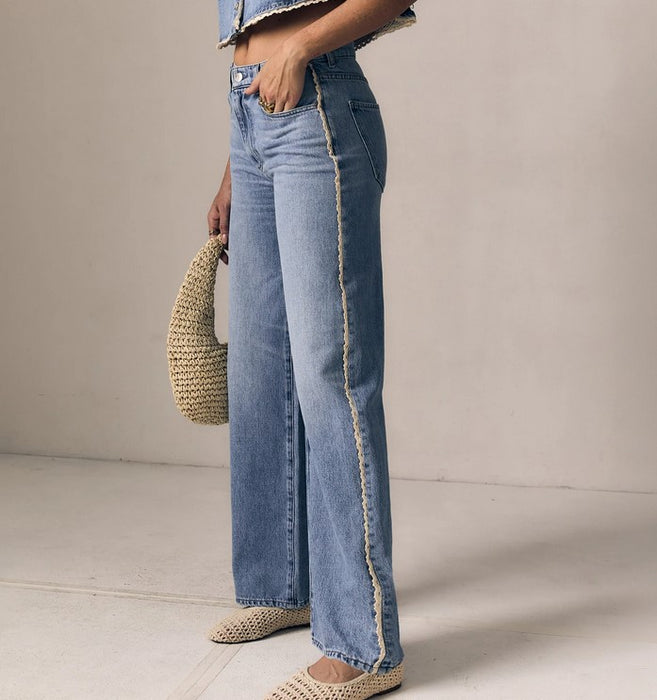 Le jean Crochet Trim Column Jeans - Whisper Blue