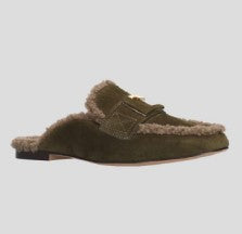 Lola Cruz Suede Mule with Fur - Verde Khaki