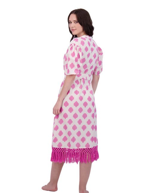Mer St Barths Estelle Fringed Shirtdress - Pink Ikat
