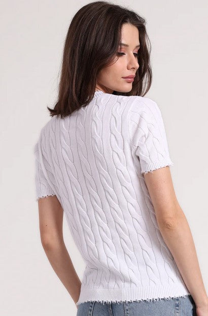 Minnie Rose Frayed Cable Crew _ White