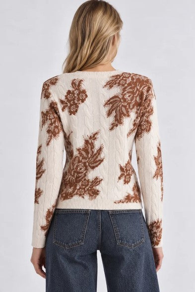 Minnie Rose Cashmere Printed Lace Crew - White