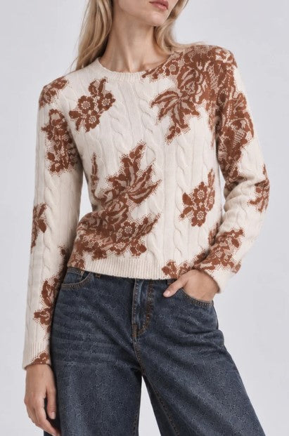 Minnie Rose Cashmere Printed Lace Crew - White