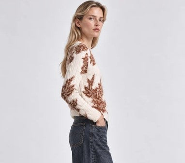 Minnie Rose Cashmere Printed Lace Crew - White