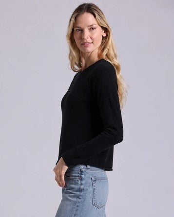 Minnie Rose Cashmere Raglan Crew with Rolled Trim - Black