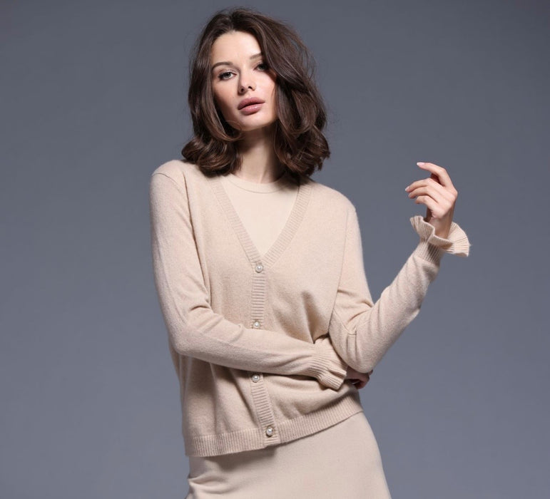 Minnie Rose Cashmere Ruffle Cuff Cardigan - Camel
