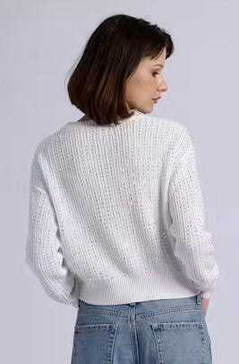 Minnie Rose Cotton Shaker Crew w/ Rhinestones - White