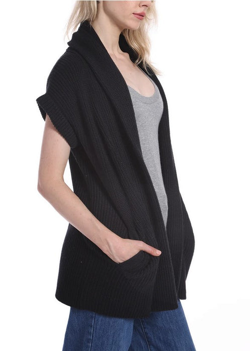 Minnie Rose Cotton Shaker Collar Belted Cardigan - Black