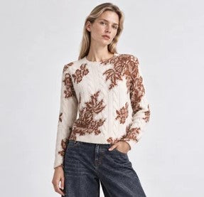 Minnie Rose Cashmere Printed Lace Crew - White