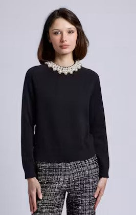 Minnie Rose Long Sleeve Crew Neck w/Pearls - Black