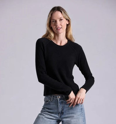 Minnie Rose Cashmere Raglan Crew with Rolled Trim - Black